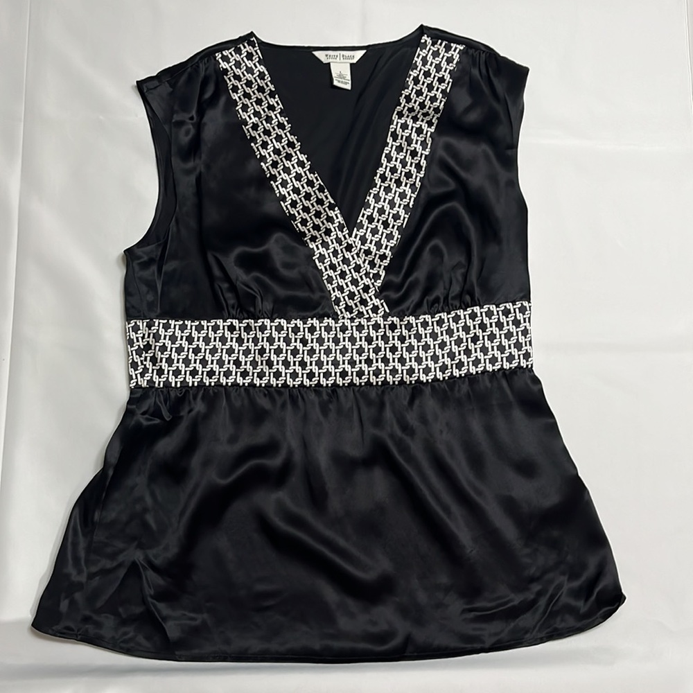 WHBM, Black Sleeveless V-Neck Blouse with Decorative Trim and Side Zipper, Large